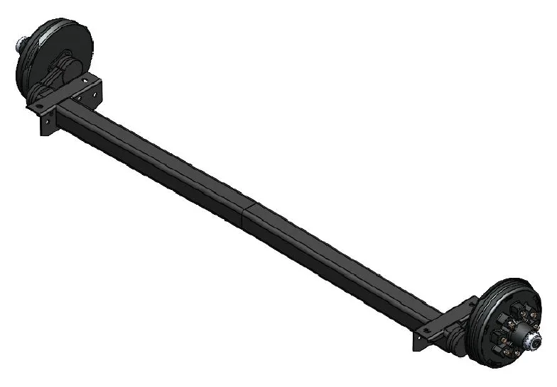 Torsion suspension axle assembly with mounting brackets, swing arms, and wheel-end brake and hub assemblies.