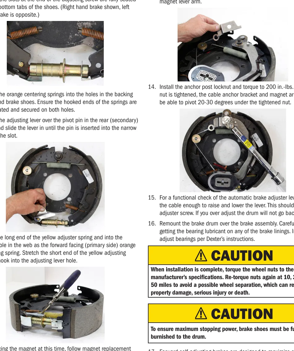 Photos showing brake self-adjuster seating, adjusting lever and spring installation, cable anchor placement, and anchor-post locknut tightening.