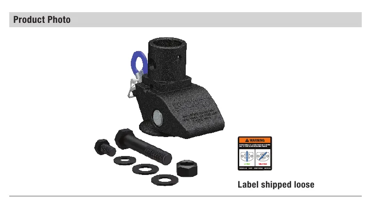 Gooseneck coupler with mounting bolts, washers, nut, and separately supplied warning label.