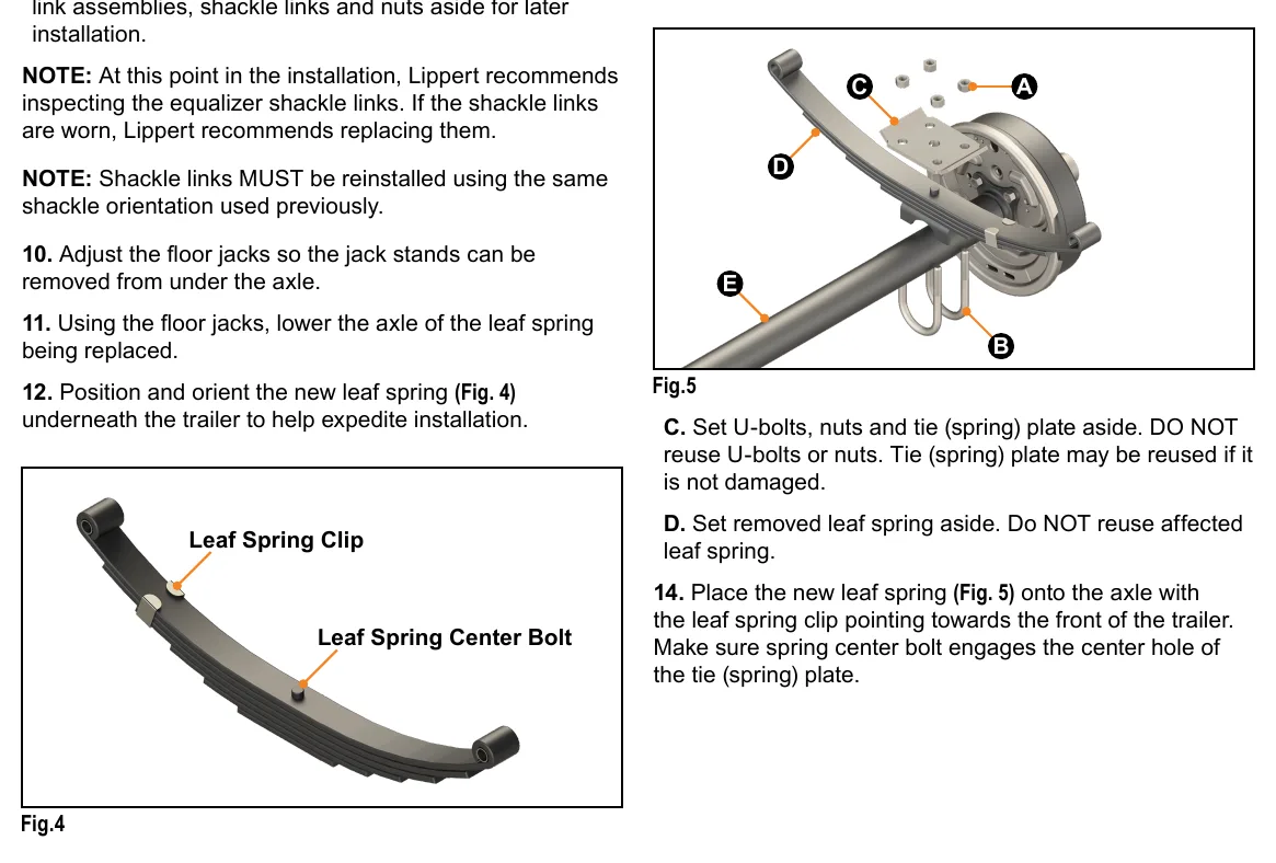 Leaf spring clip and center bolt (Fig. 4), and exploded axle-clamping assembly with nuts, U-bolts, spring plate, leaf spring, and axle (Fig. 5).