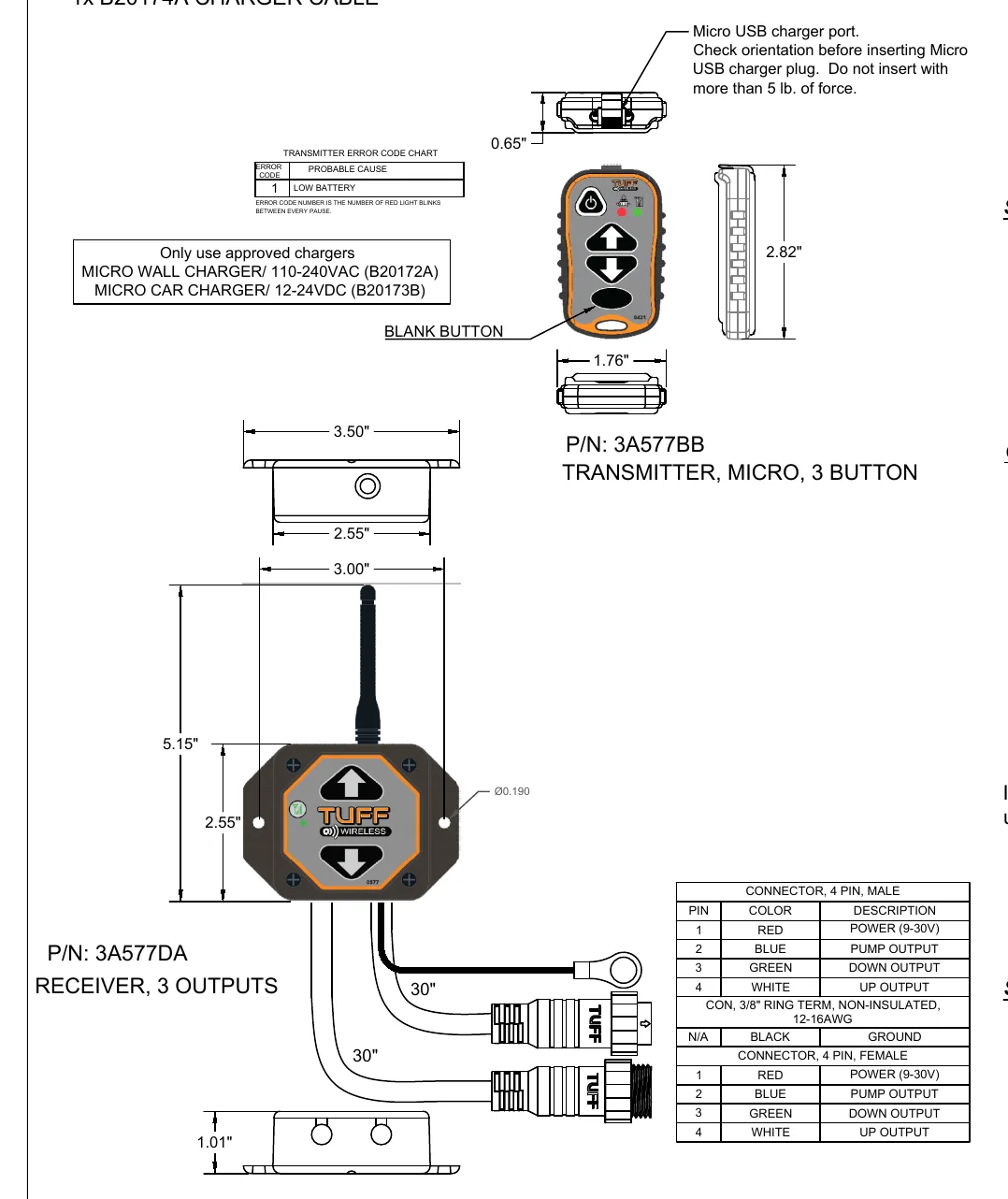 Micro transmitter and receiver layouts with dimensions, low-battery error chart, and four-pin connector wiring assignments.