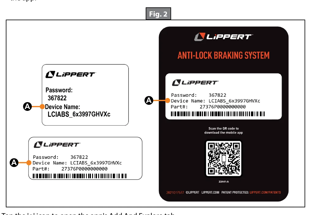 Fig. 2: Three Lippert device-name label variations, with callouts A identifying the Device Name used to confirm the Bluetooth device.